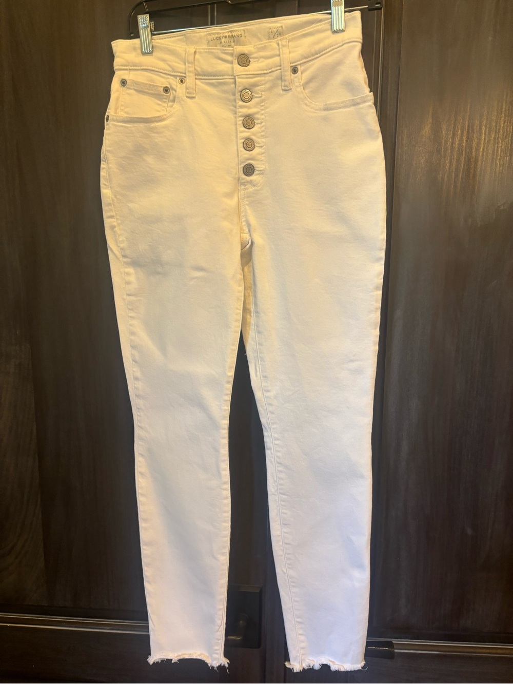 Lucky Brand High-Rise White Button-Fly Jeans with Frayed Hem